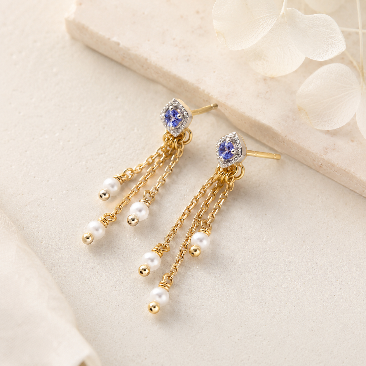 Tanzanite Tassel Earrings with Freshwater Pearl