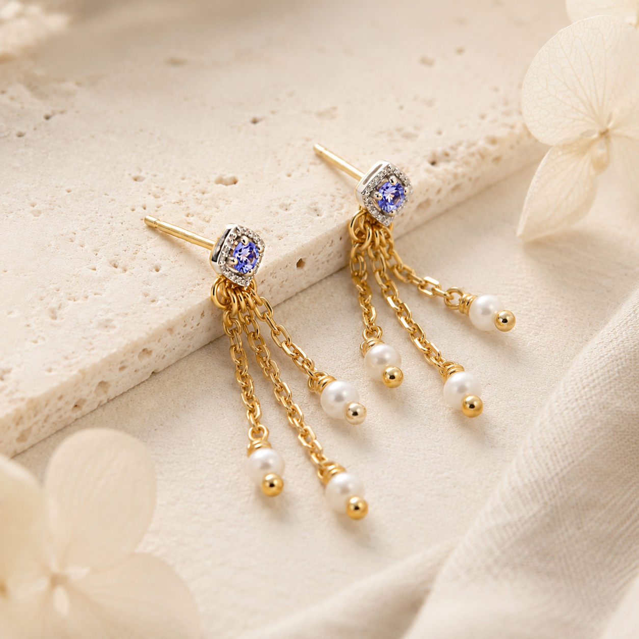 Tanzanite Tassel Earrings with Freshwater Pearl