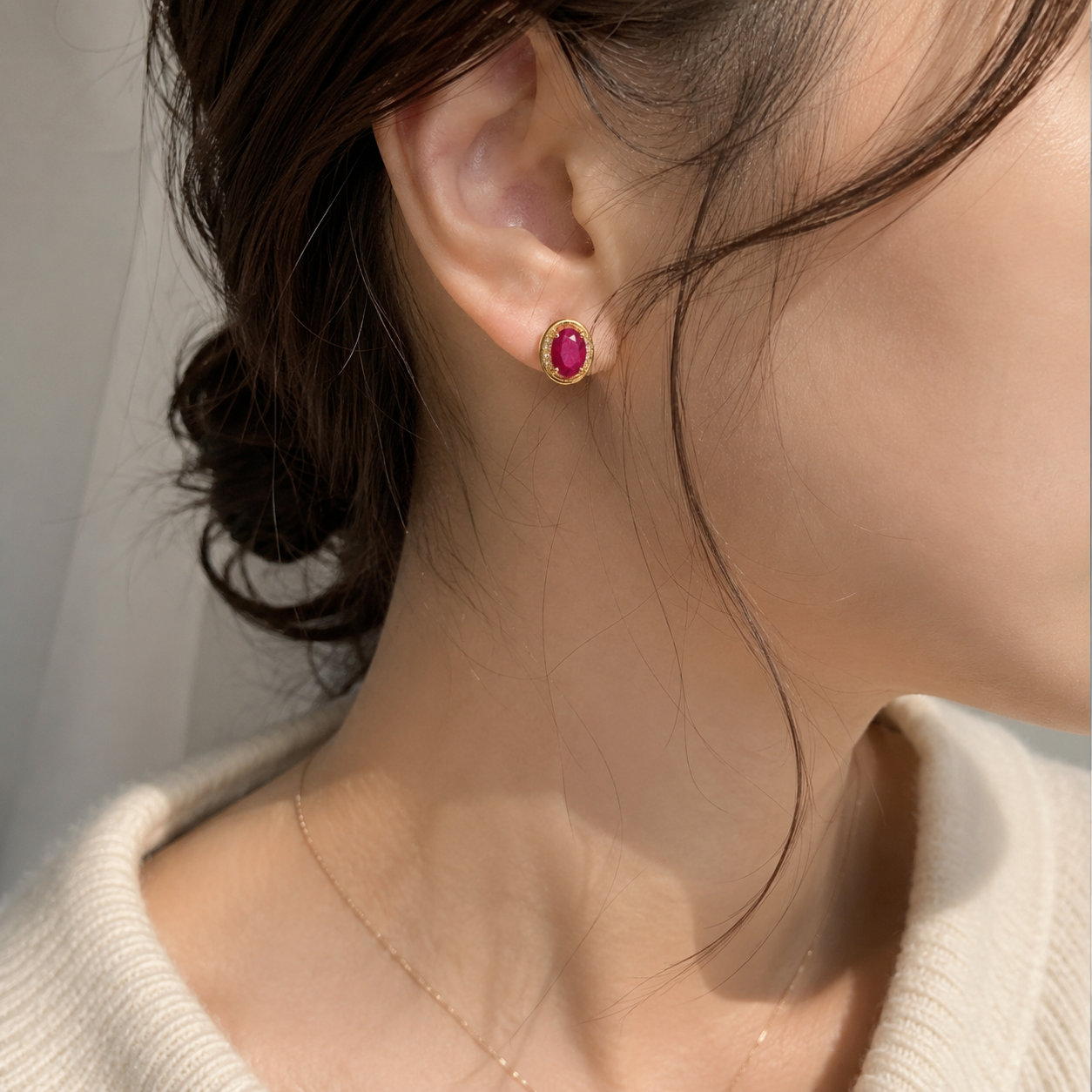 Red Ruby Gold Stud Earring