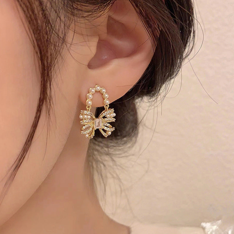 Chic CZ Pearl Ribbon Earrings 