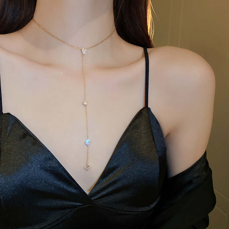 Chic Gold Crystal Lariat Necklace