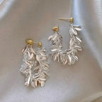 Silver Sequin Metal Tassel Leaf Drop Earrings