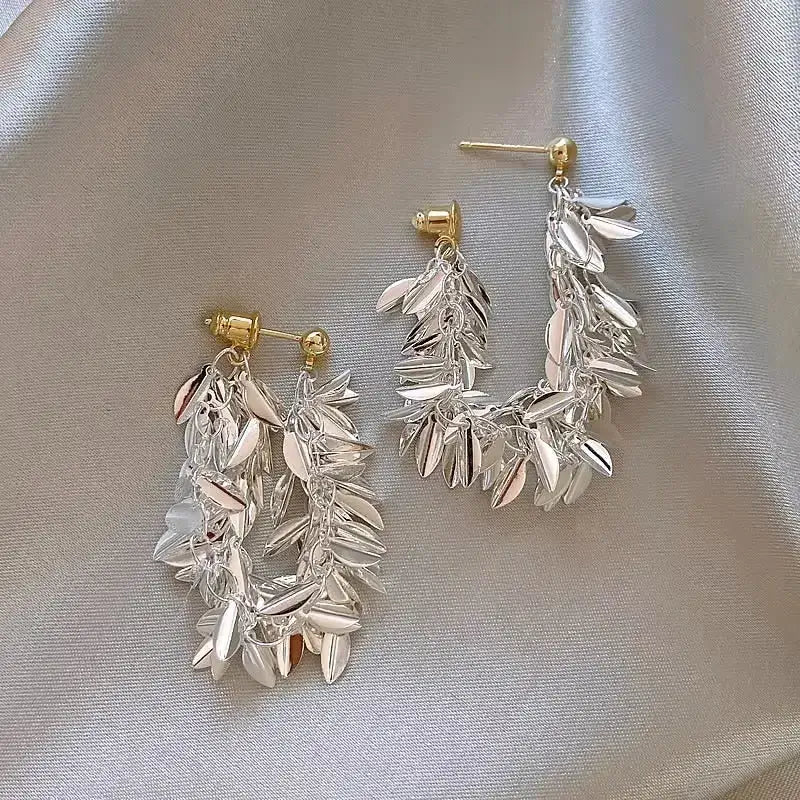 Silver Sequin Metal Tassel Leaf Drop Earrings