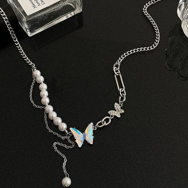 Chunky Pearl Bead Butterfly Half Chain Tassel Necklace