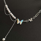 Chunky Pearl Bead Butterfly Half Chain Tassel Necklace