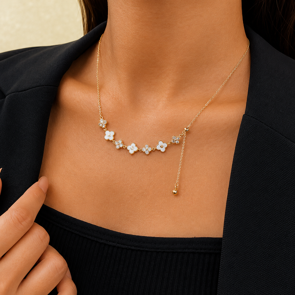 Y Chain Clover Floral Gold Necklace