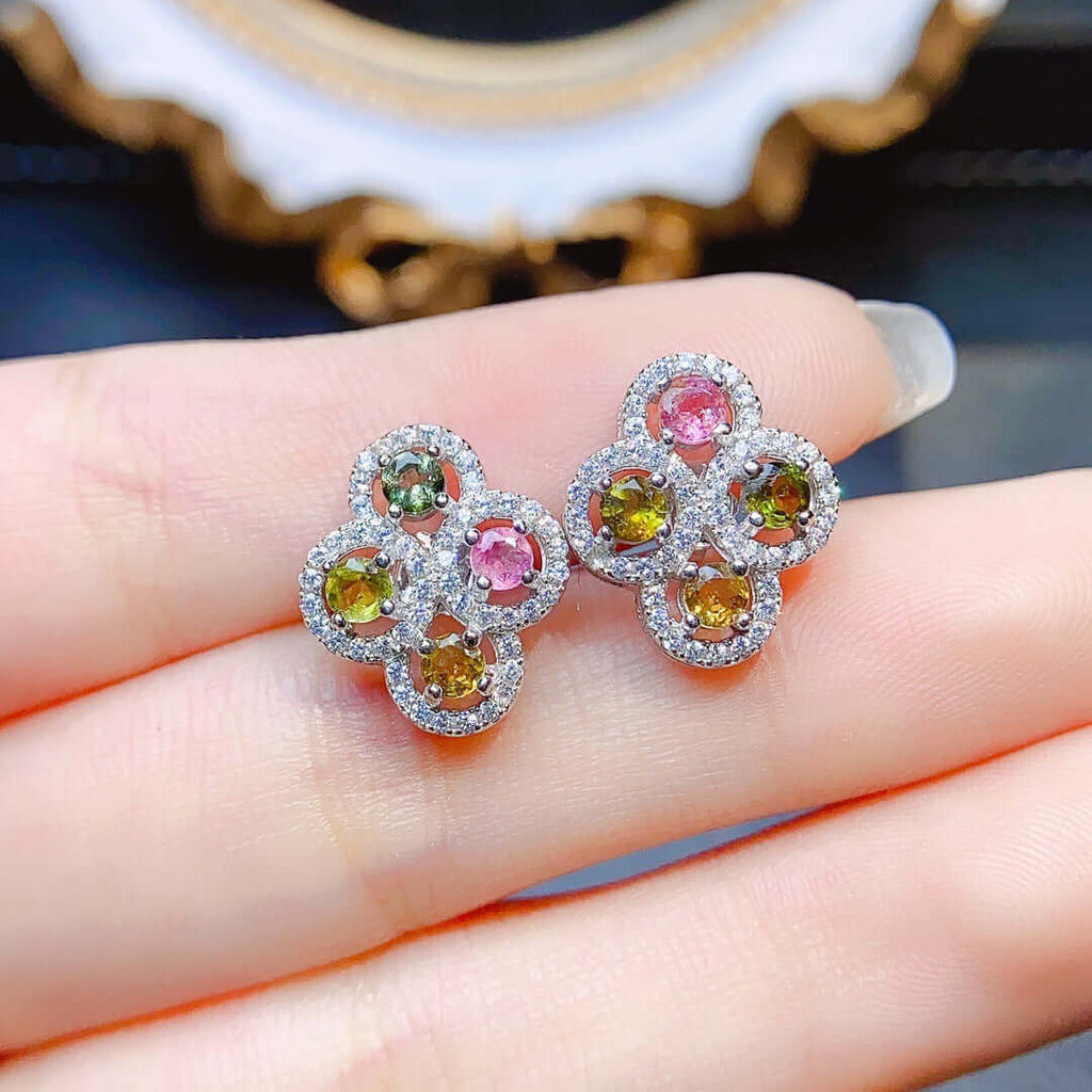 Colorful Gemstone Flower CZ Earrings