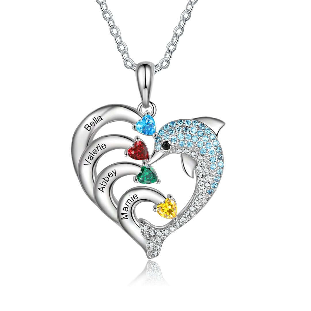 Custom Name Dolphin Heart Birthstone Necklace