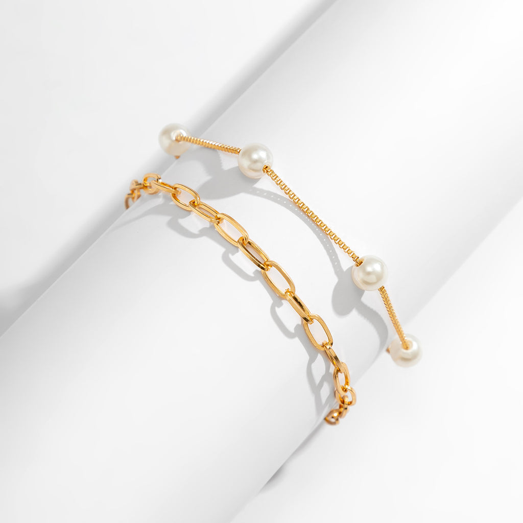 Gold Silver Pearl Layering Anklet Chain Set | D3923
