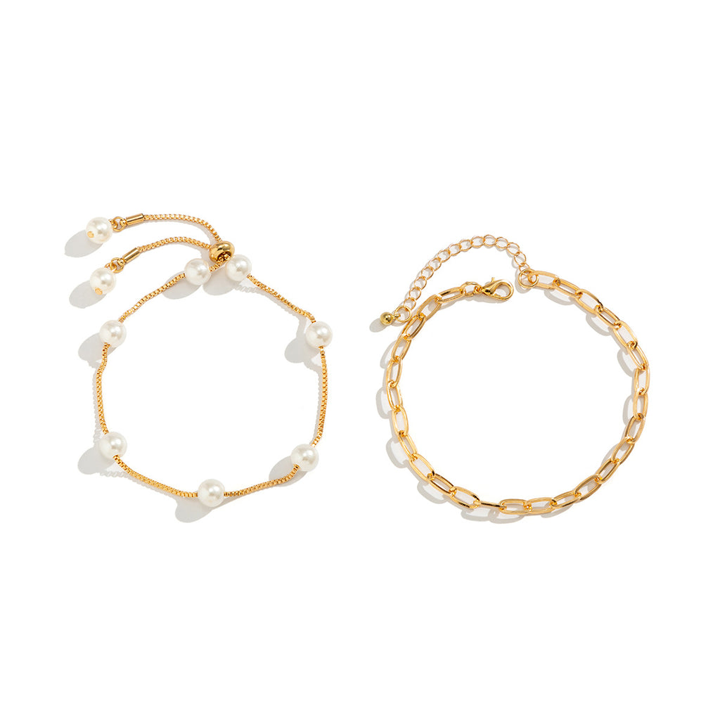 Gold Silver Pearl Layering Anklet Chain Set | D3923