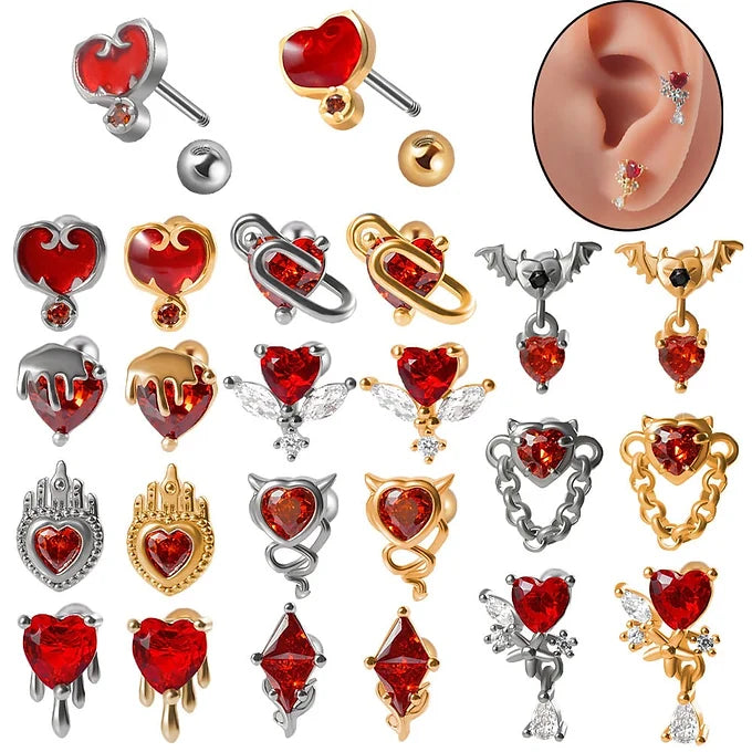 20G Bloody Red Heart CZ Devil Conch Stud