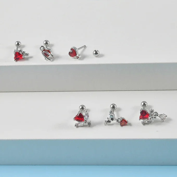 20G Bloody Red Heart CZ Devil Conch Stud Silver