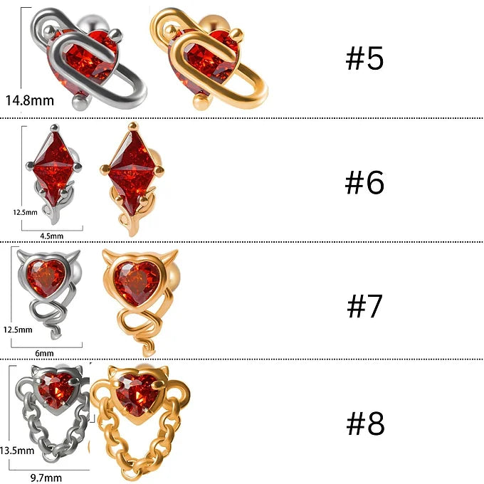 20G Bloody Red Heart CZ Devil Conch Stud