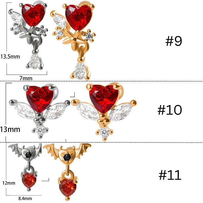 20G Bloody Red Heart CZ Devil Conch Stud