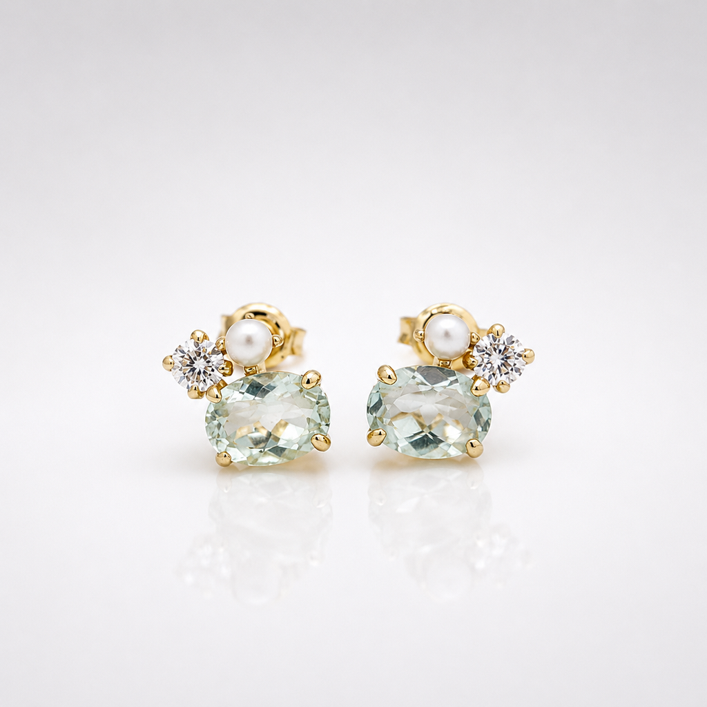 Dainty Green Amethyst Stud Earrings with Pearl