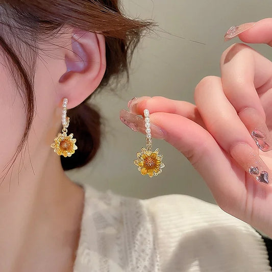 Dainty Pearl Sunflower Earrings