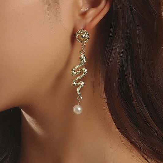 Gold Snake Earrings, Pearl Drop Earrings