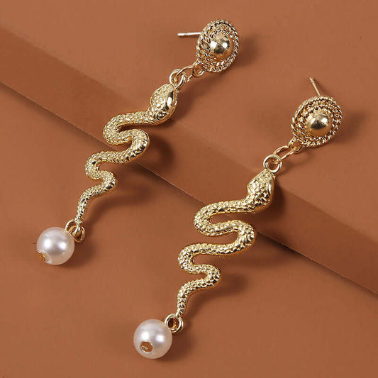 Gold Snake Earrings, Pearl Drop Earrings