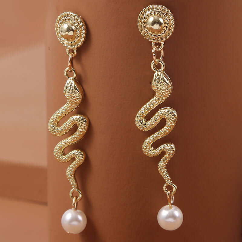 Gold Snake Earrings, Pearl Drop Earrings