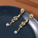 Gold Snake Pearl Drop Earrings