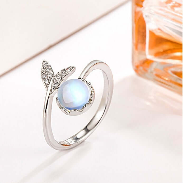 White Gold Fish Tail Ring Whale Tail Ring Moonstone Ring