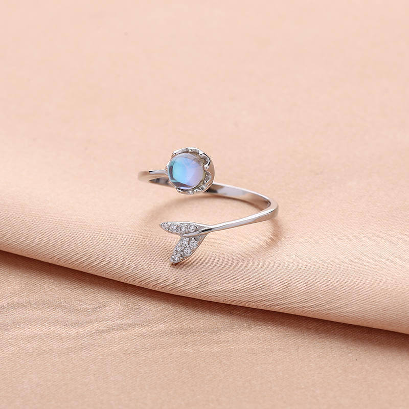 White Gold Fish Tail Ring Whale Tail Ring Moonstone Ring
