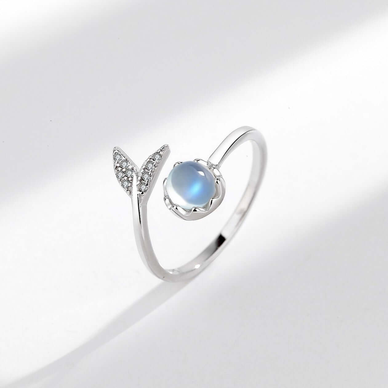 White Gold Fish Tail Ring, Whale Tail Ring, Mermaid Tail Moonstone Ring