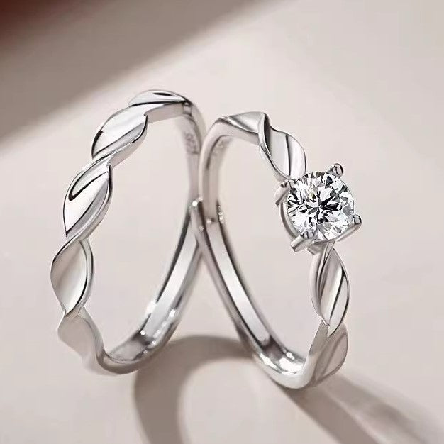 Silver Plaid Couple Matching Rings