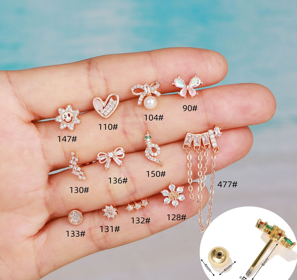 cartilage earrings, piercing jewelry, cartilage piercing, body jewelry, helix piercing, helix earrings, tragus piercing, flower earrings, snake earrings, bowknot earrings, butterfly earrings