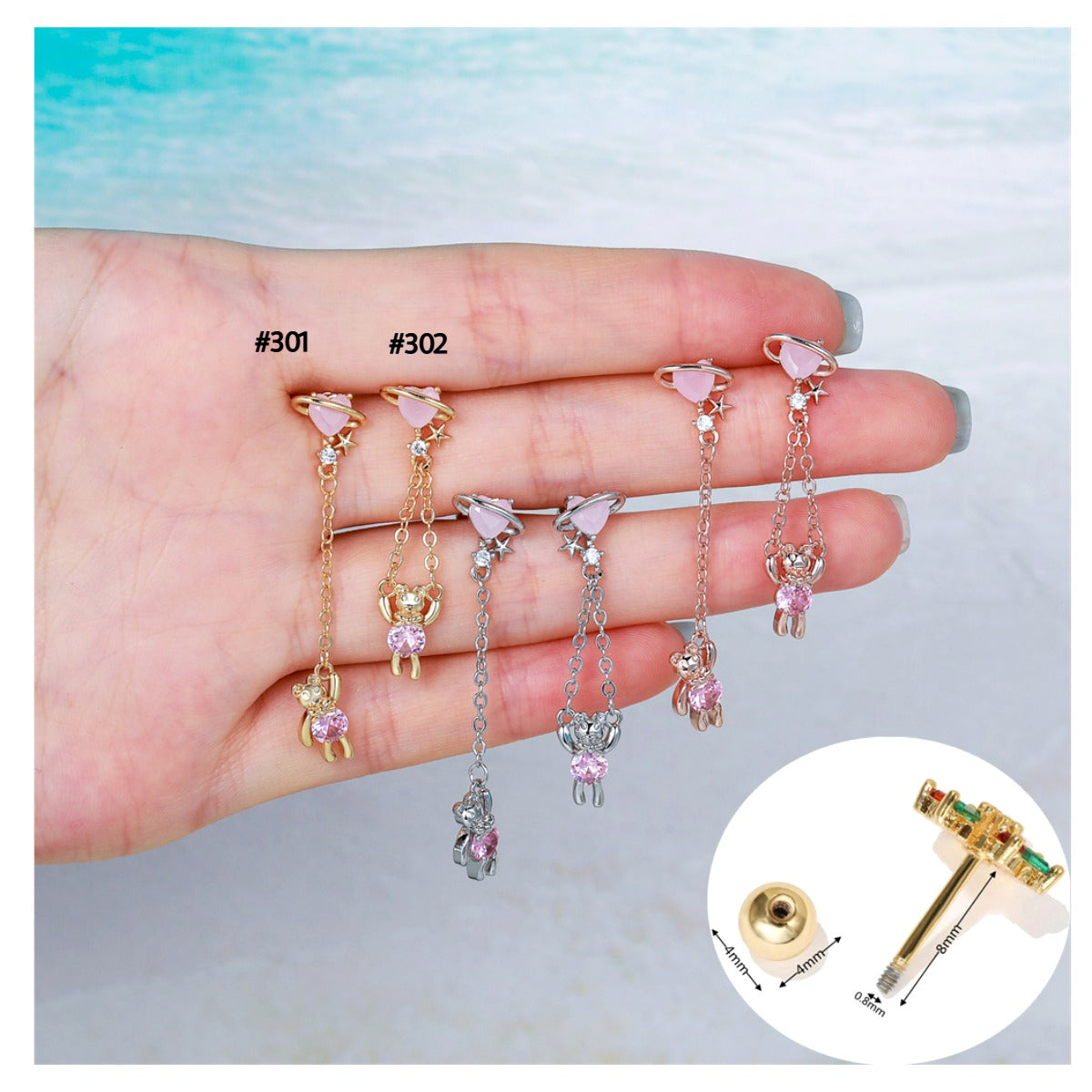 20G Teddy Heart Dangle Chain Conch Piercing 