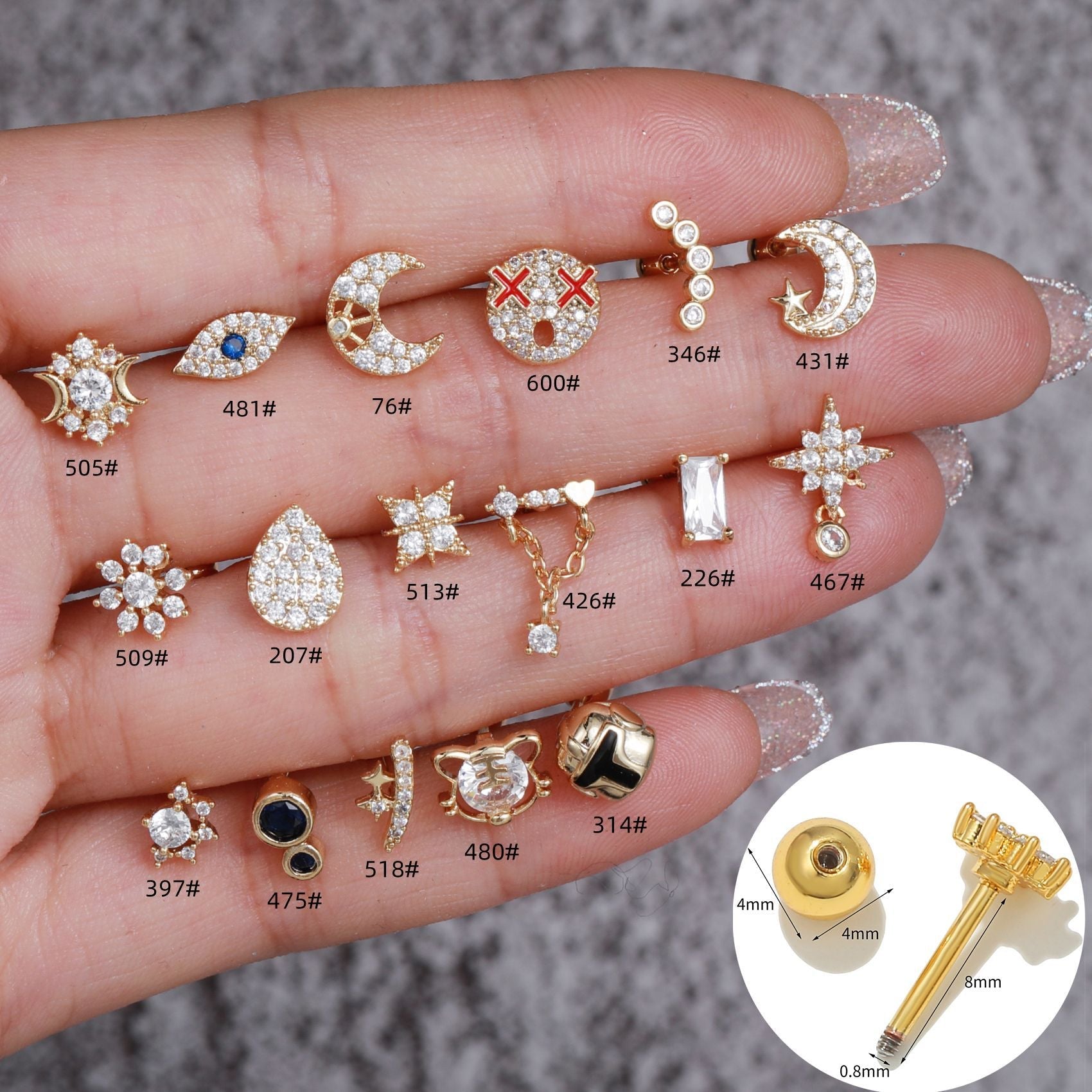 Variety of 20G rose gold cartilage tiny stud earrings with emojis and cubic zirconia for tragus, helix, and daith piercings.