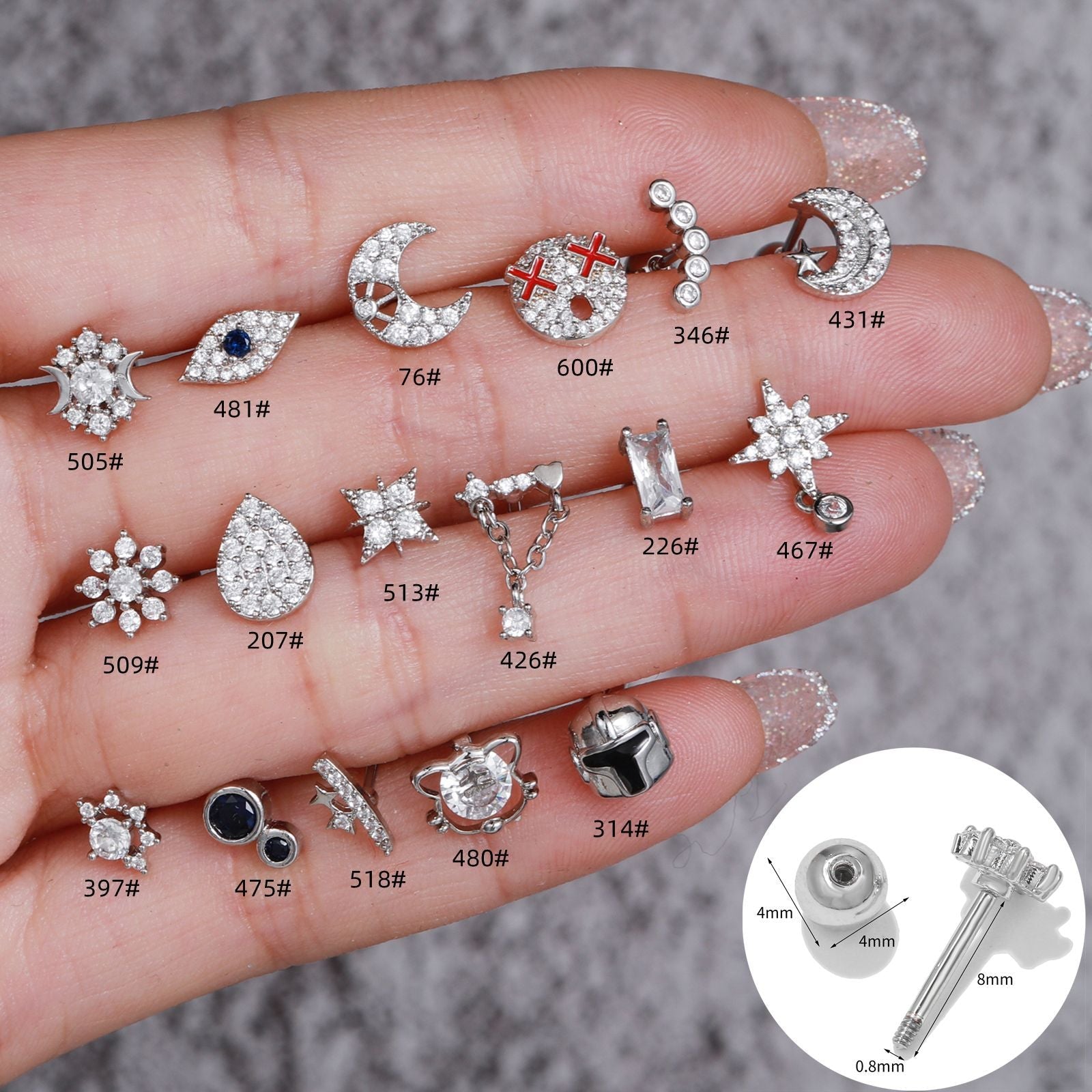 20G rose gold cartilage tiny stud emoji tragus piercings displayed on hand, various patterns, stainless steel ball, 4mm gauge, 8mm bar length