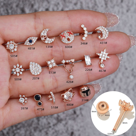 Rose gold cartilage earrings with various designs including stars, moons, and cubic zirconia details for tragus, helix, and daith piercings.