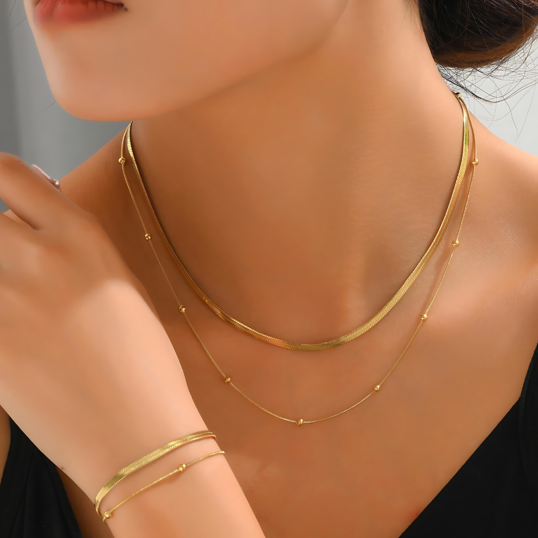 18K Gold Herringbone Chain Choker Necklace Layered