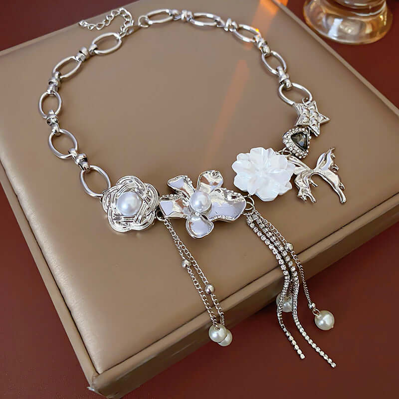 Elegant Pearl Flower Butterfly Necklace