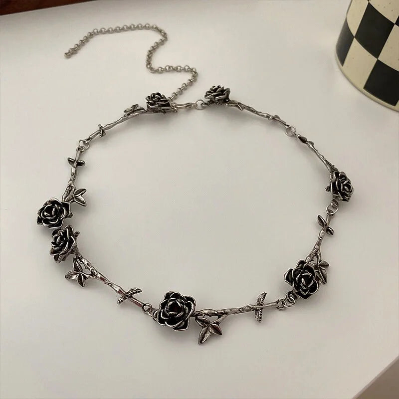 Bronze Silver Goth Rose Choker Necklace