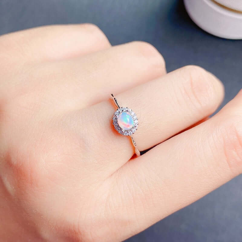 18K Gold Opal Ring, Opal Halo Ring, Opal Jewelry