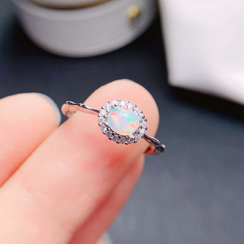 18K Gold Opal Ring, Opal Halo Ring, Opal Jewelry