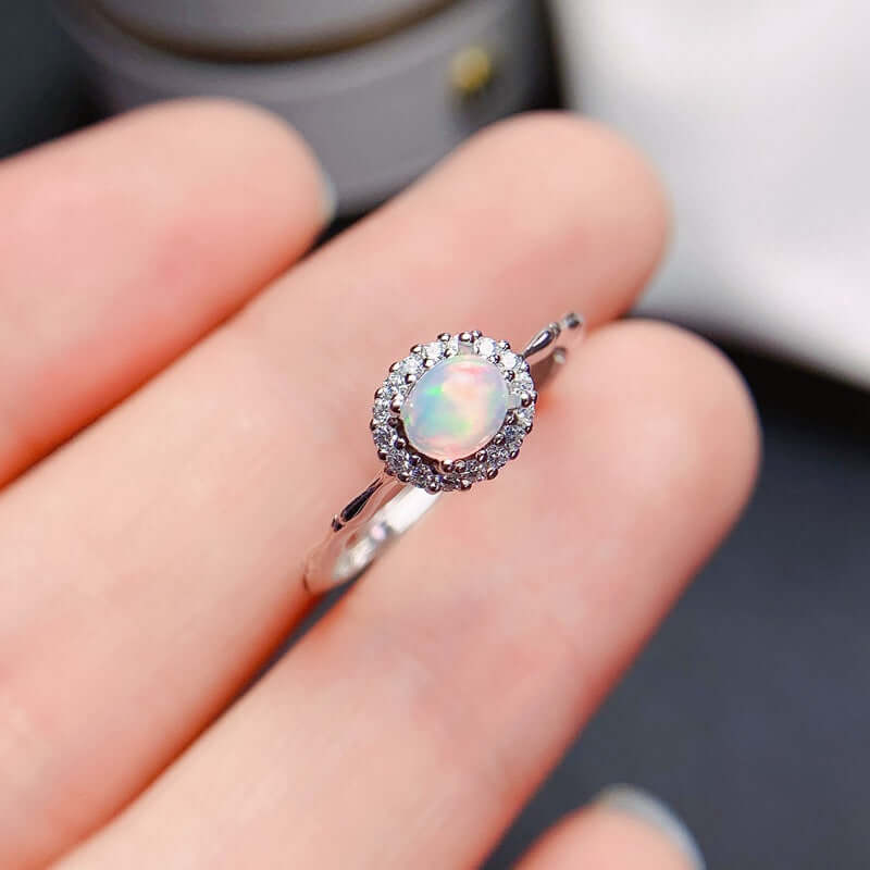 18K Gold Opal Ring, Opal Halo Ring, Opal Jewelry