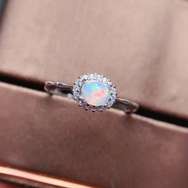 18K Gold Opal Ring, Opal Halo Ring, Opal Jewelry