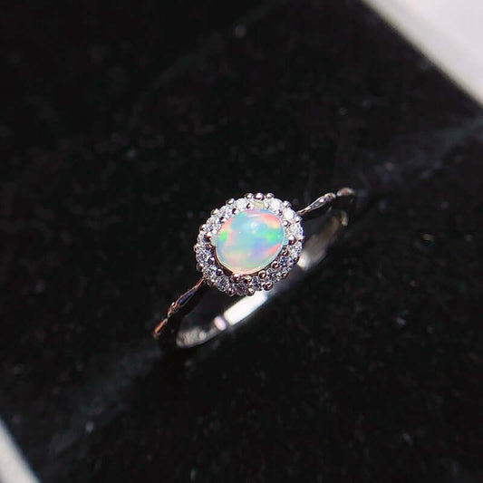 18K Gold Opal Ring, Opal Halo Ring, Opal Jewelry