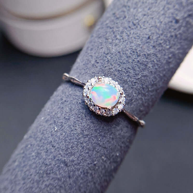 18K Gold Opal Ring, Opal Halo Ring, Opal Jewelry