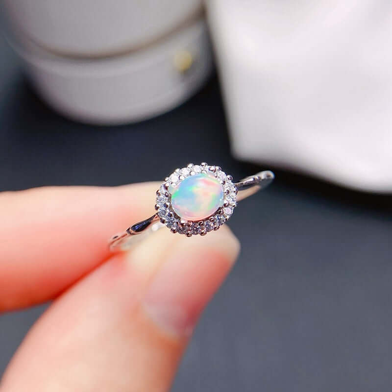 18K Gold Opal Ring, Opal Halo Ring, Opal Jewelry