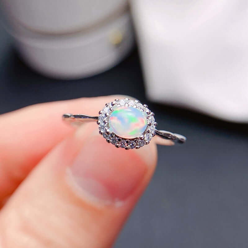 18K Gold Opal Ring, Opal Halo Ring, Opal Jewelry