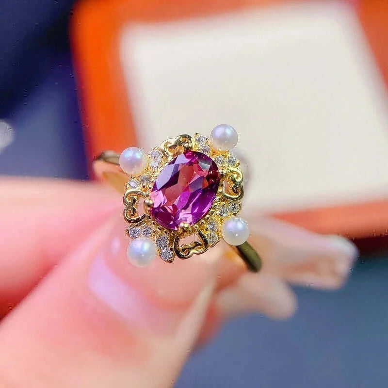 Baroque Rhodolite Ring, Pearl Prom Ring, June Birthstone Rings