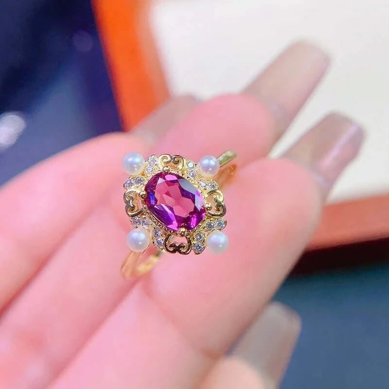 Baroque Rhodolite Ring, Pearl Prom Ring, June Birthstone Rings