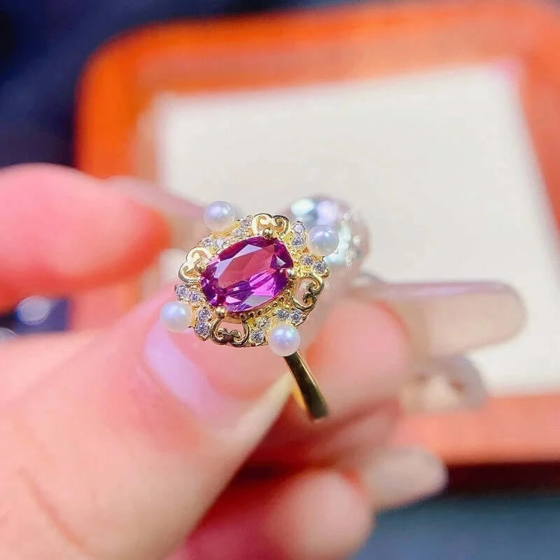 Baroque Rhodolite Ring, Pearl Prom Ring, June Birthstone Rings