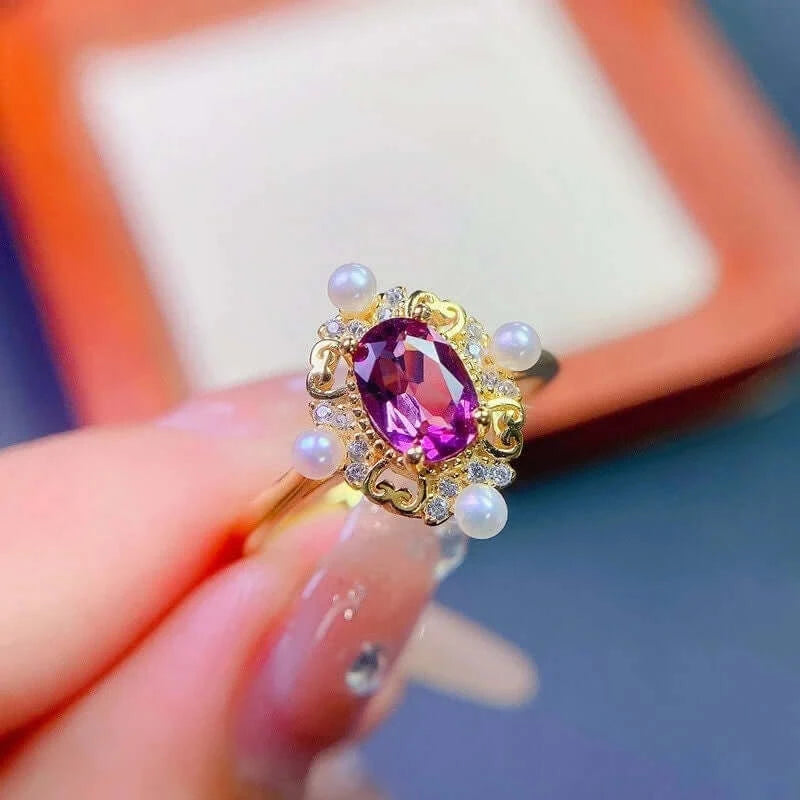 Baroque Rhodolite Ring, Pearl Prom Ring, June Birthstone Rings