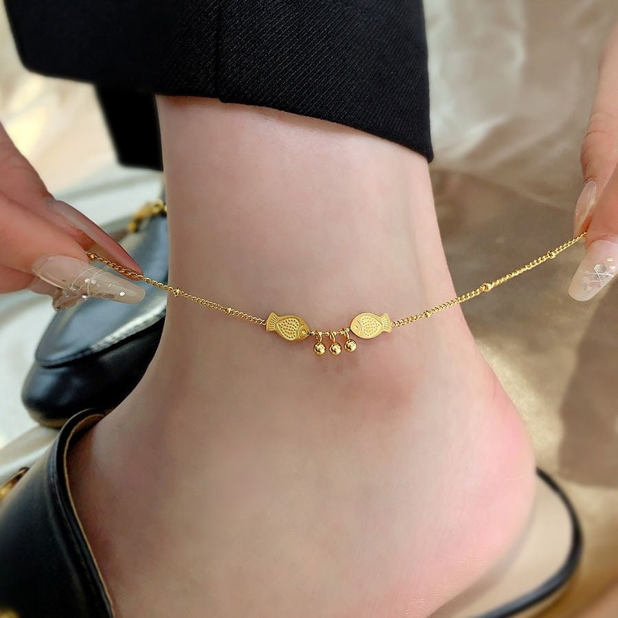 Titanium Gold Fish Charm Beaded Chain Anklet 