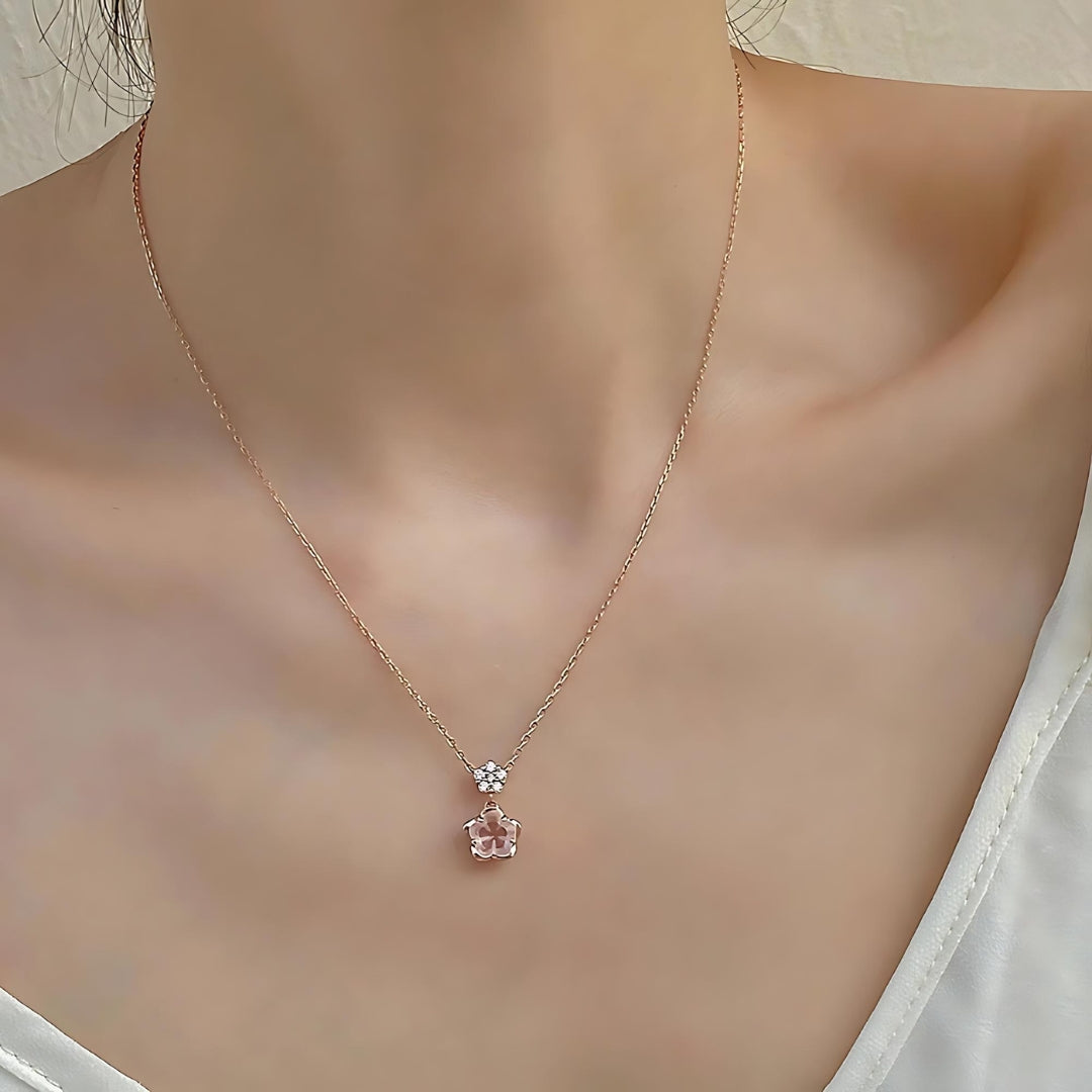 Cherry Blossom Rose Quartz Flower Pendant Necklace